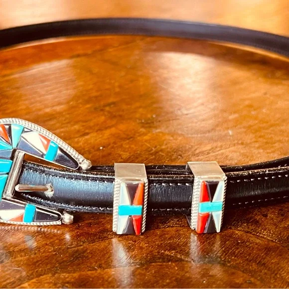 Zuni Inlaid Sterling Ranger Set, SIGNED Coonsis, Native American, Maida’s Belt Native American Museum Vintage Zuni Turquoise Inlay Sterling  main image 3